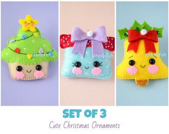 PDF PATTERN: Set of 3. Felt Christmas Cupcake, Felt Christmas Gift, Felt Christmas Bell. Pattern and Tutorial.