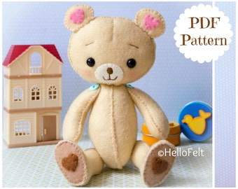 PDF PATTERN: Kumi The Bear, Plush Doll Pattern, Softie Pattern, Soft felt bear Pattern.