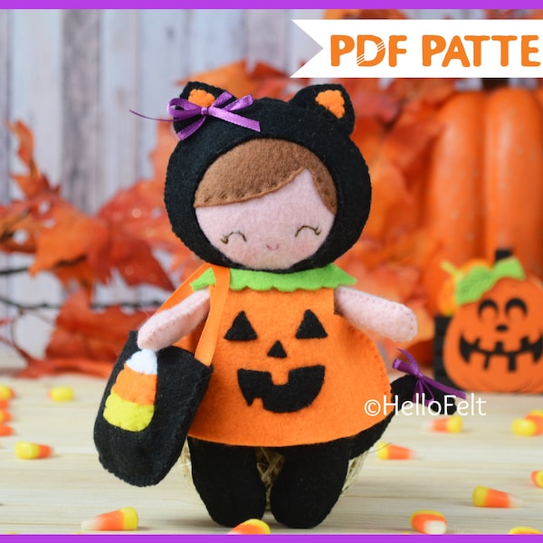 PDF PATTERN: Little Halloween Cat, Felt Pattern, Doll Pattern. Plush Pattern. HelloFelt.Felt Animal Pattern