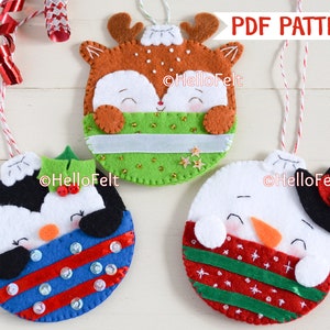 PDF PATTERN: Kawaii Christmas Baubles. Felt Christmas Baubles pattern. Tree ornaments.