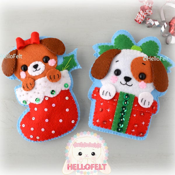 Patrón en PDF + SVG: Cachorros navideños de fieltro. Juego de 2. Patrón de adornos navideños de fieltro. Patrón de perro de fieltro.