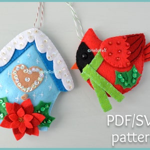 PDF + SVG PATTERN: Felt Cardinal and Birdhouse Garland. Felt Christmas Ornaments pattern.