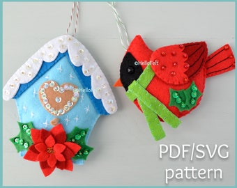 PDF + SVG PATTERN: Felt Cardinal and Birdhouse Garland. Felt Christmas Ornaments pattern.