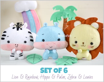PDF PATTERN: Set of 6, Lion and Rainbow, Zebra and Leaves, Hippo and Palm.