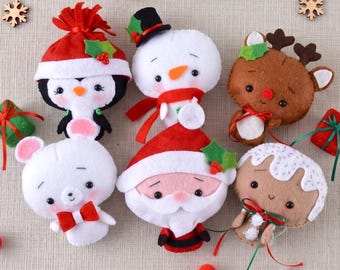 PDF PATTERN: Set of 6 - Santa, Snowman, Gingerbread Man, Rudolph, Penguin, Polar Bear. Felt Christmas Ornaments pattern.