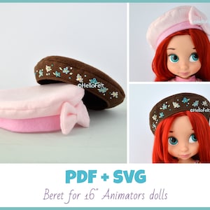 May include: Two felt berets for 16 inch dolls. One beret is brown with floral embroidery and the other is pink. The berets are shown on a white surface. PDF + SVG Beret for 16" Animators dolls.