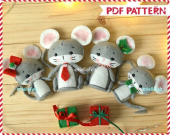 PDF PATTERN: Christmas mouse family, Felt sewing pattern, Christmas ornament. HelloFelt. Felt Animal Pattern