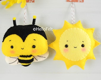 PDF PATTERN: Bee and Sun, Felt Animal Pattern, Felt plush. Sewing pattern. Nursery decor, baby mobile ideas.