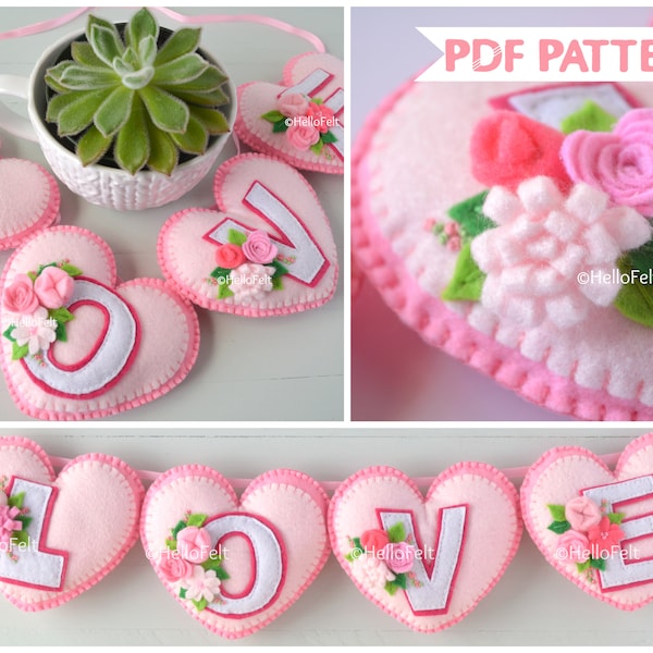 PDF PATTERN: Love Garland, Tutorial and Pattern. Felt Garland. Felt PDF pattern.