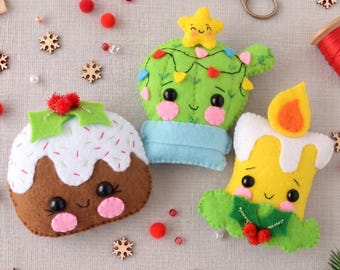PDF PATTERN: Set of 3. Felt Christmas Cactus, Felt Christmas Pudding, Felt Christmas Candle. Pattern and Tutorial.