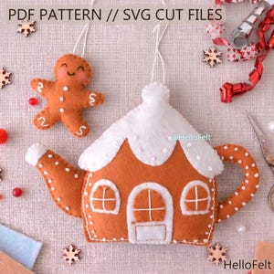 Puede incluir: Adorno navideño de fieltro con una casa de jengibre y un hombre de jengibre. La casa es naranja con detalles blancos y un tejado blanco. El hombre de jengibre es naranja con detalles blancos. El texto "PDF PATTERN // SVG CUT FILES" está en la parte superior.