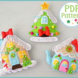 PATRÓN PDF: Casas Navideñas de Fieltro. Juego de 3. Patrón de adornos navideños de fieltro.