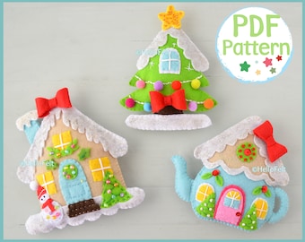 PDF PATTERN: Felt Christmas Houses. Set of 3.  Felt Christmas Ornaments pattern.
