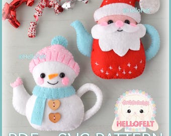 PDF + SVG PATTERN: Felt Christmas Teapots. Set of 2.  Felt Christmas Ornaments pattern.