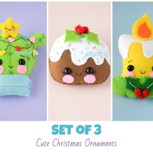 PDF PATTERN: Set of 3. Felt Christmas Cactus, Felt Christmas Pudding, Felt Christmas Candle. Pattern and Tutorial.
