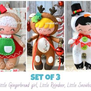 PDF PATTERN:  Set of 3 Felt Christmas Ornaments - Snowboy, Reindeer, Gingerbread Girl. Felt PDF Christmas Pattern.