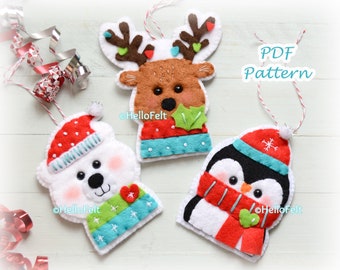 PDF PATTERN: Set of 3, Buddy the polar bear, Jolly the penguin, Dancer the reindeer. Felt Christmas Ornaments pattern. Tree ornaments.