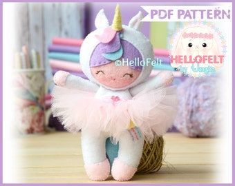 PDF MUSTER: Kleines Einhorn Mädchen. Filzpuppe, Einhorn, Ballerina PDF Schnittmuster. HalloFilz.