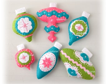 PDF + SVG PATTERN: Felt Vintage Baubles. Set of 6.  Felt Christmas Ornaments pattern.