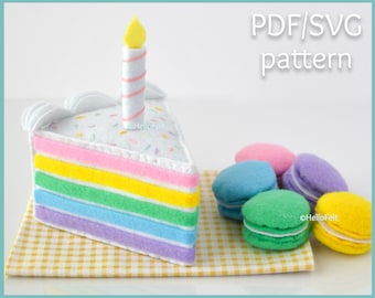 PDF + SVG Pattern: Felt Rainbow Cake and Felt Macaroons, Tutorial and Pattern. Felt PDF pattern.