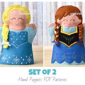 以下が含まれることがあります： アナと雪の女王のエルサとアナを作るためのフェルト製の手人形のパターン2つセット。パターンは白い紙に印刷されており、人形の縫製方法が記載されています。