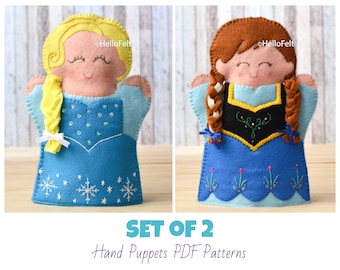 PDF PATTERN: Set of 2 - Princess Doll Hand Puppets. Felt Hand puppets.