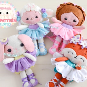 PDF PATTERN: Set of 4 felt ballerinas doll, felt doll pattern, felt plush pattern. HelloFelt.Felt Animal Pattern