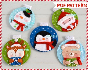 PDF PATTERN. Set of 5 Felt Christmas Ornaments pattern. Tree ornaments. HelloFelt.