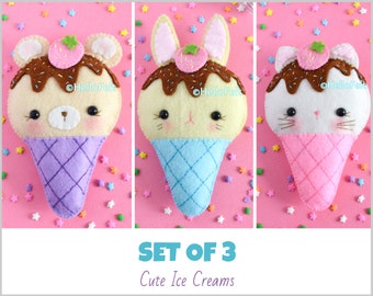 PDF PATTERN:  Felt Ice Creams, Bear, Kitty, Bunny. Felt doll pattern. Felt play food. HelloFelt.