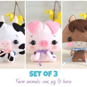 PDF PATTERN:  Set of 3 - Farm Animals - Cow, pig, horse. Felt farm animals baby mobile ideas. felt animal pdf