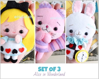 PDF PATTERN:  Set of 3 -  Alice, White Rabbit and Cheshire.  Felt Doll Alice in Wonderland. Felt Animal Pattern, felt doll pdf
