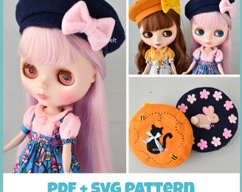 PDF + SVG Pattern: Felt beret for Blythe dolls (2 styles), Tutorial and Pattern. Felt Hat for dolls.