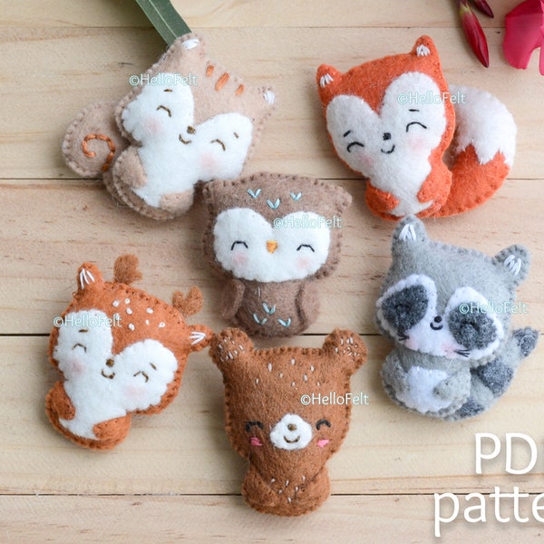 PDF PATTERN, Woodland animals brooches, fox, squirrel, deer, owl, raccoon, bear, Felt brooch pattern.  Blythe friend.Felt Animal Pattern