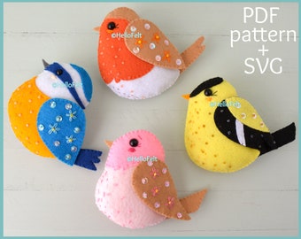 PDF + SVG Pattern: Birds Garland, Tutorial and Pattern. Felt Birds. Felt American Goldfinch, Purple Finch, Robin, Red breasted nuthatch