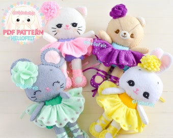 PDF PATTERN: Set of 4, Neki Ballerina & Friends.  Felt Doll Cat, Mouse, Bear, Bunny Ballerina Sewing PDF Pattern.
