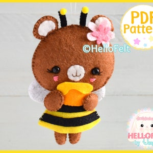 PDF PATTERN: Honey Bee Bear. Felt doll pattern. Felt bear plush. Nursery decoration. Felt baby mobiles ideas.Felt Animal Pattern