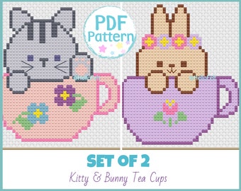 PDF Pattern: Set of 2, Bunny and Kitty Tea Cups, spring bunny, spring Cute Cross Stitch Pattern.