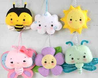 PDF BUNDLE!! Set of 6 Bee and sun, Butterfly and flower, Dragonfly and Cloud. Baby Mobile Ideas, Nursery DecoFelt Animal Pattern