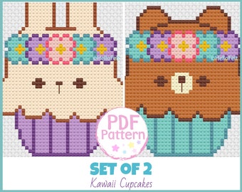 PDF Pattern: Kawaii cupcakes, spring bear, spring bunny Cross Stitch Pattern.