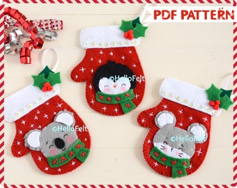PDF PATTERN: Felt Christmas Mittens. Felt Animal Pattern.