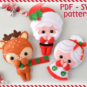 PDF + SVG PATTERN: Set of 3 Felt Santa, Felt Rudolph, Felt Mrs. Claus. Felt Christmas Ornaments pattern.