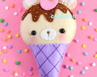 PDF PATTERN:  Felt Ice Creams, Bear, Kitty, Bunny. Felt doll pattern. Felt Ice-cream pattern.