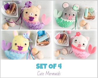 PDF PATTERN: Cute Mermaids. Felt Doll Mermaid PDF Pattern, Kitty, bear, bunny, mouse doll pattern.Felt Animal Pattern