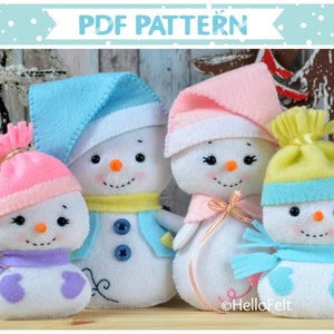 PDF PATTERN: Snowman and Family. Felt doll snowman Christmas ornaments Sewing PDF Pattern. image 1