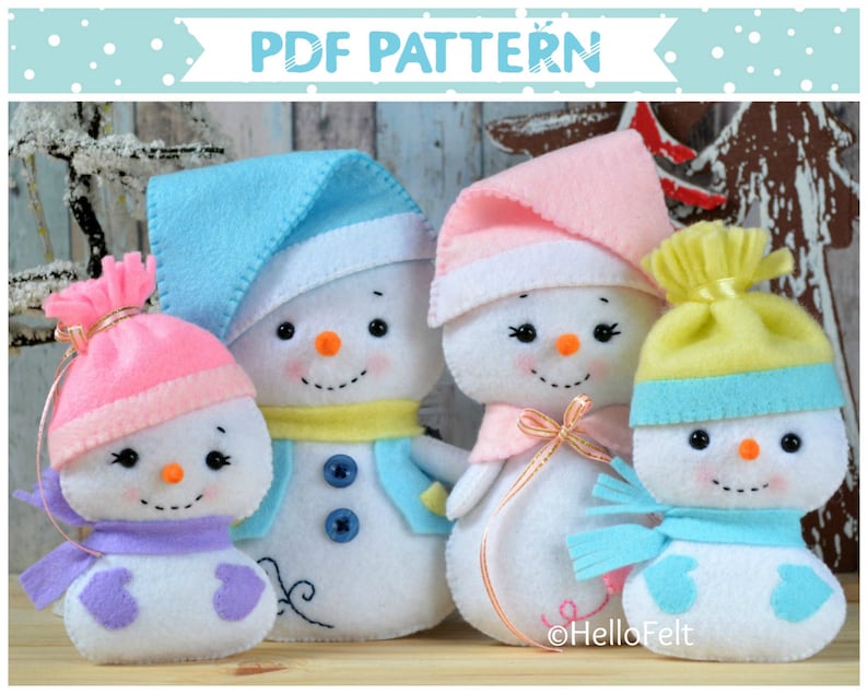 PDF PATTERN: Snowman and Family. Felt doll snowman Christmas ornaments Sewing PDF Pattern. image 1