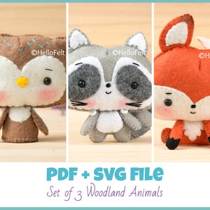 PDF PATTERN: Set of 3 Woodland animals -  Felt Fox, Felt Owl, Felt Raccoon + SVG file.