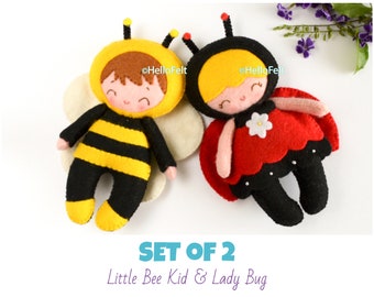 PDF PATTERN: "Little Bee Kid and Little Ladybug", Felt Doll Bee, Ladybug, Sunflower sewing PDF pattern.