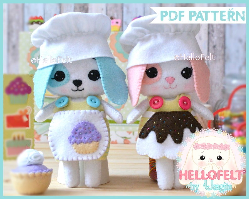 PDF PATTERN: Toffee and Brownie. Felt PDF Sewing Pattern Doll Puppy, Felt cupcake pattern. Set of 2. Dress up puppy image 1