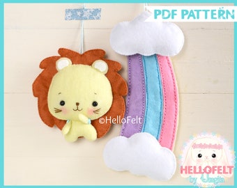 PDF PATTERN: Lion and Rainbow. Felt jungle animal lion pattern, Felt Rainbow plush doll sewing pattern.Felt Animal Pattern