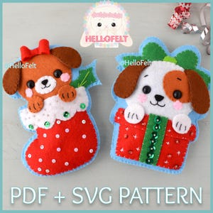 PATRÓN PDF + SVG: Cachorros navideños de fieltro. Juego de 2. Patrón de adornos navideños de fieltro.
